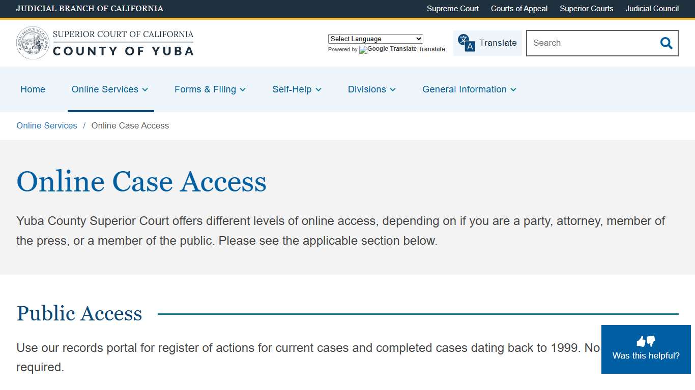 Online Case Access | Superior Court of California | County of Yuba