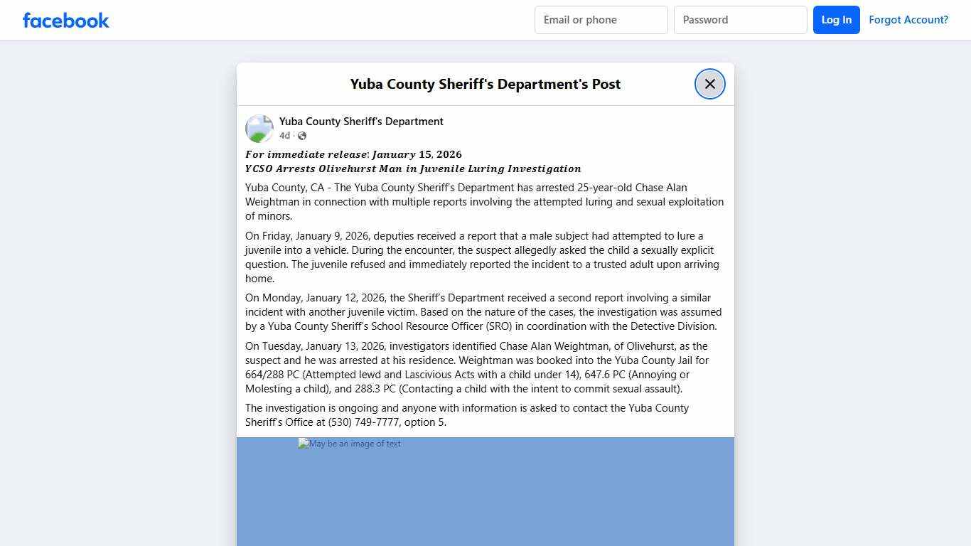 𝑭𝒐𝒓 𝒊𝒎𝒎𝒆𝒅𝒊𝒂𝒕𝒆 𝒓𝒆𝒍𝒆𝒂𝒔𝒆:... - Yuba County Sheriff's Department | Facebook